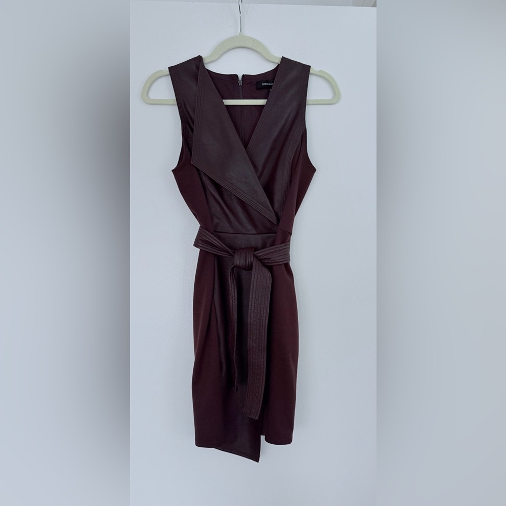 BCBGMaxAzria Leather Mini Dark Brown Fully Asymmetrical Dress, Sz. XXS - Picture 3 of 5